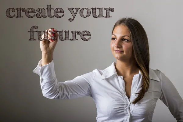 Create your future - Beautiful girl writing on transparent surfa — Stock Photo, Image