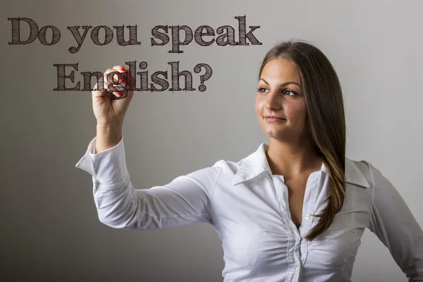 ¿Hablas inglés? - Hermosa chica escribiendo en su transparente — Foto de Stock