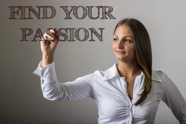 FIND YOUR PASSION - Beautiful girl writing on transparent surfac — Stock Photo, Image