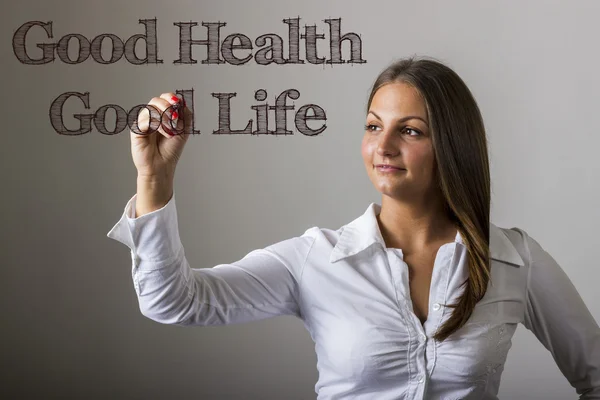 Dobrego zdrowia - dobre życie - piękna dziewczyna pisania na przejrzyste — Zdjęcie stockowe