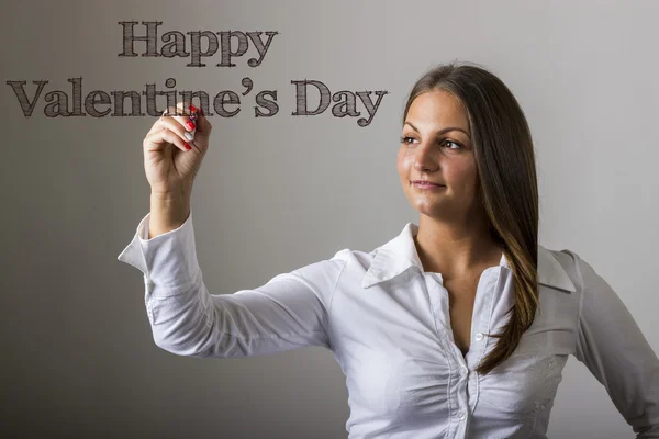 Glücklicher Valentinstag - schönes Mädchen schreibt auf Transparent — Stockfoto