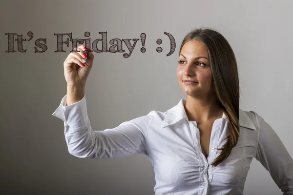 ¡Es viernes! :) - Hermosa chica escribiendo sobre surfac transparente — Foto de Stock