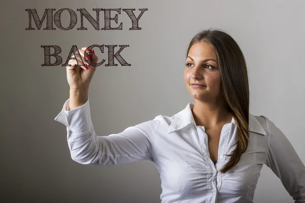 Pénz visszafizetési - szép lány írásban átlátszó felület — Stock Fotó