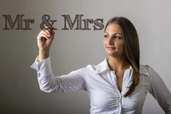 Mr & Mrs - Beautiful girl writing on transparent surface — Stock Photo, Image