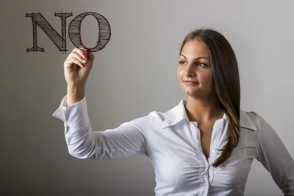 NÃO - Menina bonita escrevendo na superfície transparente — Fotografia de Stock