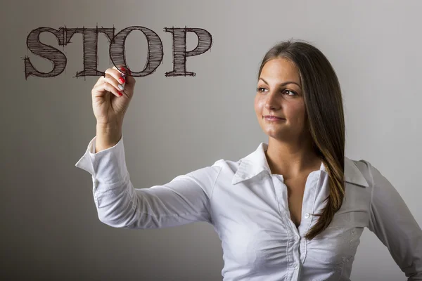 Stop - szép lány írásban átlátszó felület — Stock Fotó