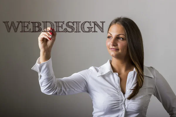 WEBDESIGN - Hermosa chica escribiendo en superficie transparente — Foto de Stock