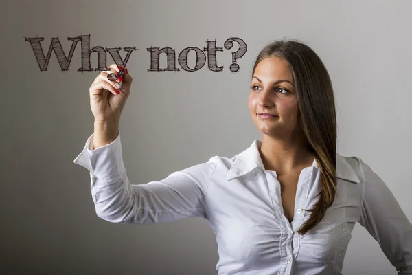 ¿Por qué no? - Hermosa chica escribiendo en la superficie transparente —  Fotos de Stock