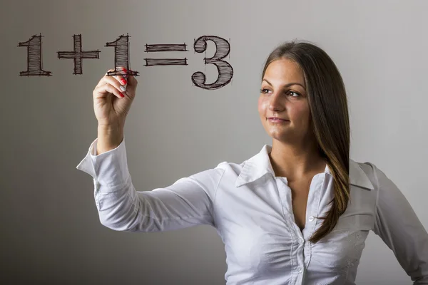 1 plus 1 equal 3 - plus one free - Beautiful girl writing on tra — Stock Photo, Image