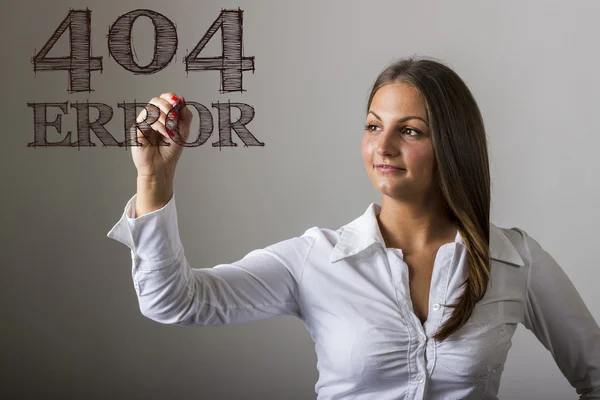 404 ERROR! - Beautiful girl writing on transparent surface — Stock Photo, Image