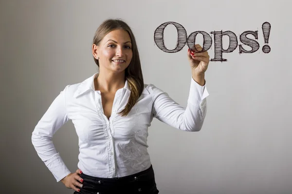 Opa! - Menina bonita escrevendo na superfície transparente — Fotografia de Stock