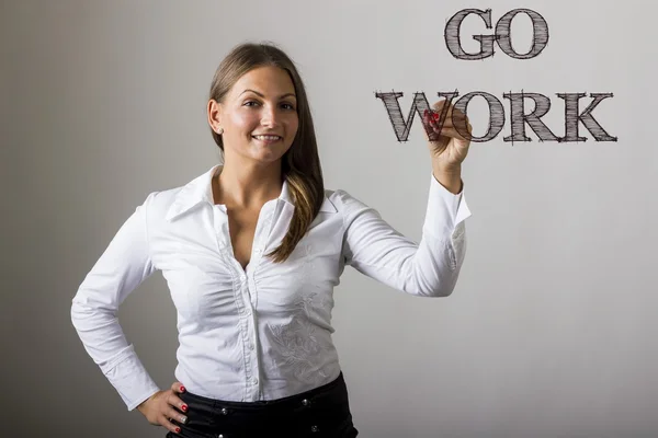 GO WORK - Menina bonita escrevendo na superfície transparente — Fotografia de Stock