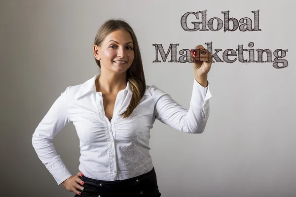Globální Marketing - krásná dívka, psaní na transparentní povrch — Stock fotografie