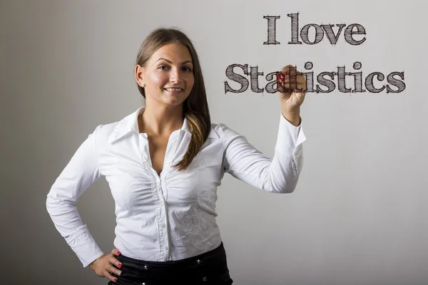 I love Statistics - Beautiful girl writing on transparan surfac — Stok Foto