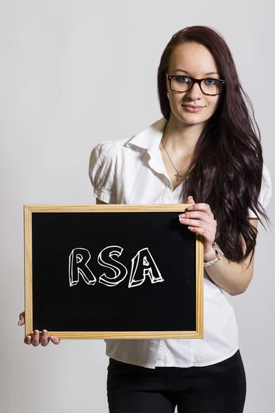 RSA - młody bizneswoman gospodarstwa chalkboard — Zdjęcie stockowe