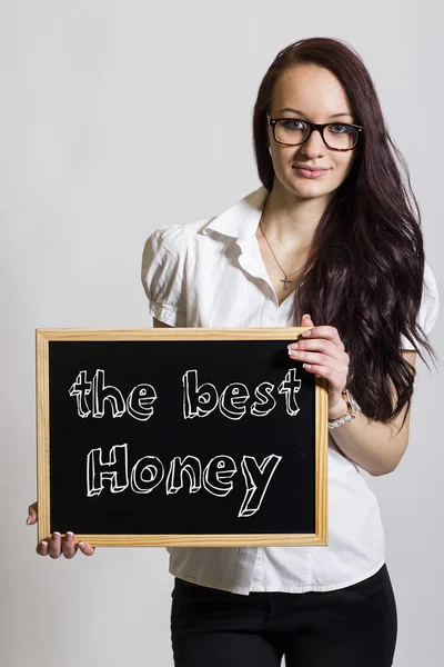 Nejlepší med - mladá podnikatelka drží tabuli — Stock fotografie