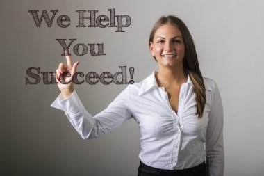 Biz başarılı yardımcı! -Güzel kız transpare üzerinde metne temas