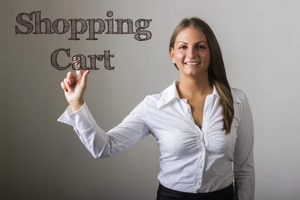 Bevásárlókosár - szép lány megható a szöveg átlátszó surf — Stock Fotó
