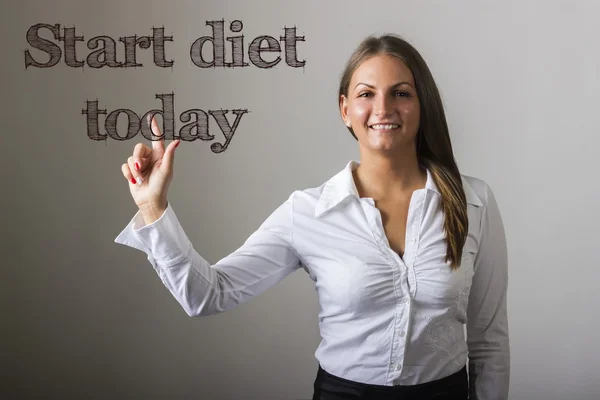 Start diet today - Beautiful girl touching text on transparent s — Stock Photo, Image