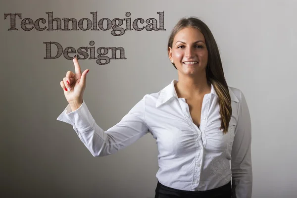 Design technologique - Belle fille touchant texte sur transparent — Photo