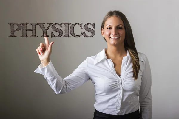 Fysik - vacker flicka att trycka text på transparent yta — Stockfoto