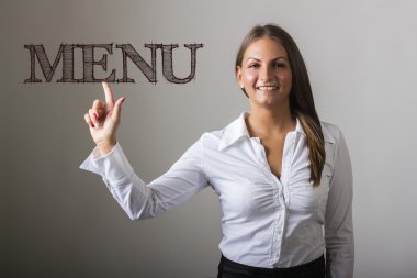 Menü - şeffaf yüzeyi metne temas güzel kız