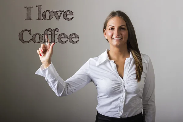 I love coffee - schönes Mädchen, das Text auf transparenter Brandung berührt — Stockfoto
