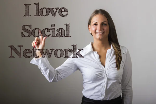 Amo Social Network - Bella ragazza toccando testo su Transpar — Foto Stock