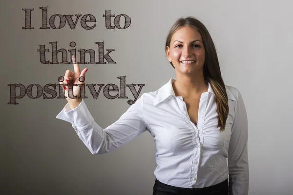 I love to think positively - Beautiful girl touching text on tra — Stock Photo, Image
