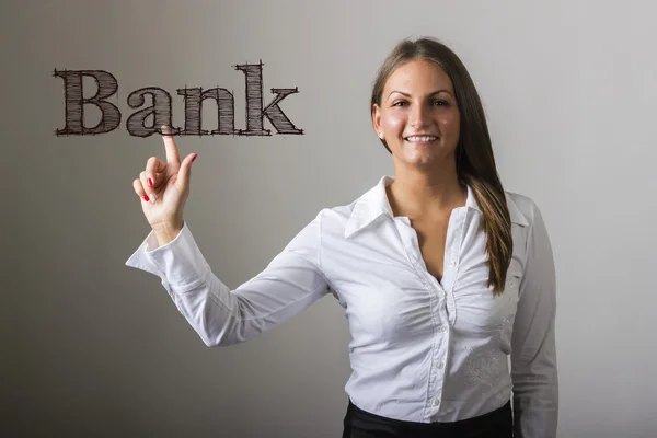 銀行 - 透明な表面上のテキストに触れる美しい少女 — ストック写真