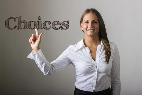 Choices - Beautiful girl touching text on transparent surface — Stock Photo, Image