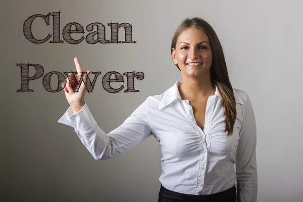 Clean power - Beautiful girl touching text on transparent surfac — Stockfoto
