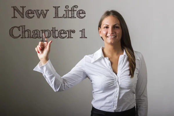 New Life Chapter 1 - Beautiful girl touching text on transparent — Φωτογραφία Αρχείου