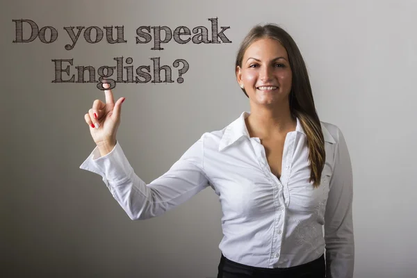 Umíš anglicky? -Krásná dívka se dotýká text na průhledné — Stock fotografie