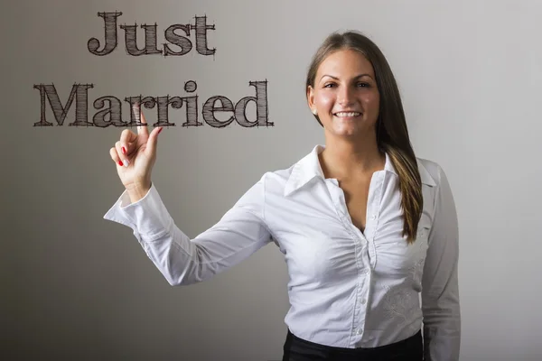 Just Married - Beautiful girl touching text on transparent surfa — Stock Photo, Image