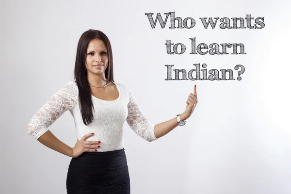 Kto chce się uczyć Indian? -Piękna kobieta wskazując — Zdjęcie stockowe