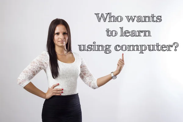 Kdo se chce naučit používat počítač? -Krásná podnikatelka poi — Stock fotografie