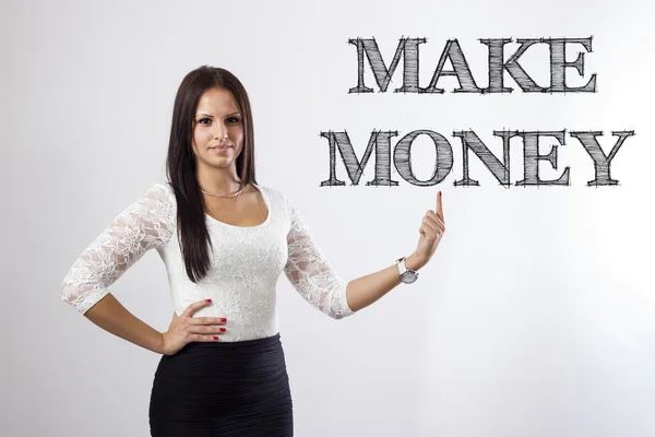 Κάνετε τα χρήματα - όμορφη επιχειρηματίας, τοποθετώντας το δείκτη — Φωτογραφία Αρχείου