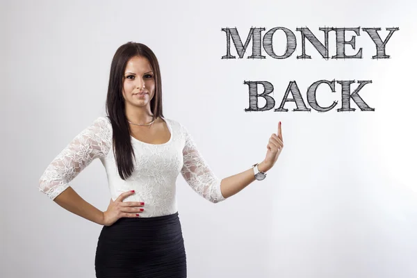 Pieniądze w tył - piękna kobieta wskazując — Zdjęcie stockowe