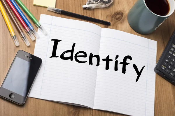 Identify - Note Pad With Text On Wooden Table — Stock Photo, Image