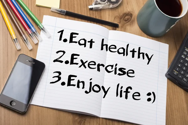 1.  Eat healthy 2. Exercise 3. Enjoy life :) - Note Pad With — Stock Photo, Image