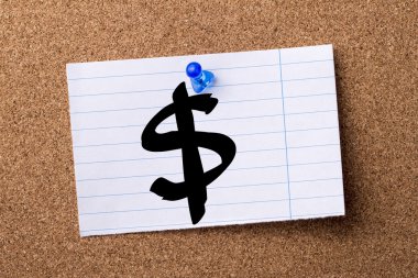 Dolar işareti - kalçası not kağıdı bulletin board tutturulmuş.