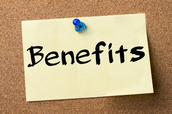 Benefits - adhesive label pinned on bulletin board — Stock Photo, Image