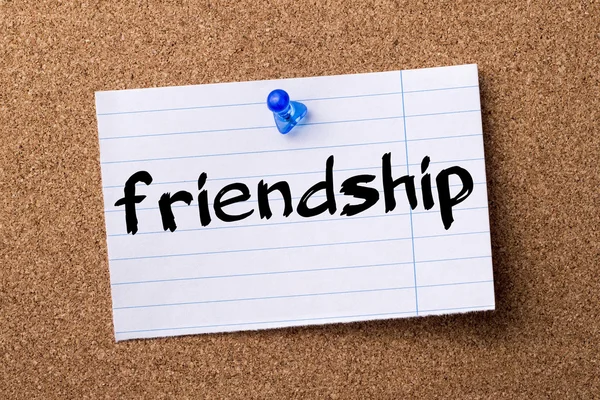 FRIENDSHIP - teared note paper  pinned on bulletin board — Stock Photo, Image