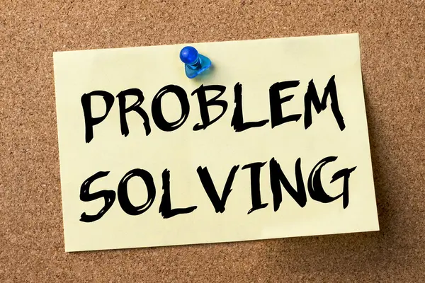 PROBLEM SOLVING - adhesive label pinned on bulletin board — Stock Photo, Image