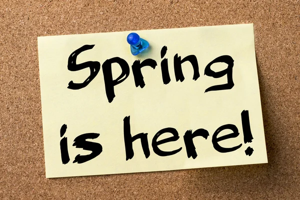 Wiosna jest tutaj! -nalepka przypięte na tablicy ogłoszeń — Zdjęcie stockowe