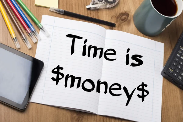 Tempo é $money $- Almofada de notas com texto — Fotografia de Stock