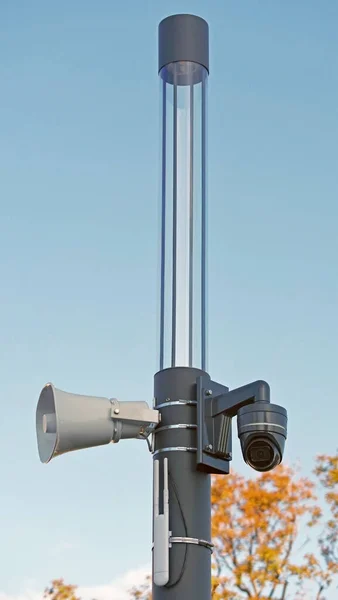 Safety ip cameras and loud speaker for monitoring against the blue sky