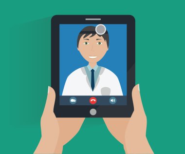 Ellerini tutar tablet ile ekranda smailing doktor. Çizgi Tıbbi Danışma kavramsal çizimi üzerinde