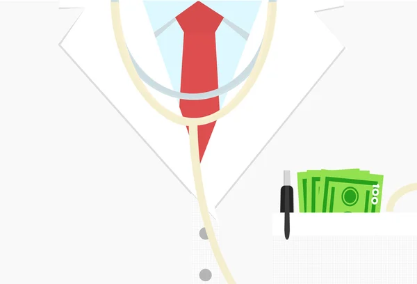 Money in doctors pocket flat design. Physician salary concept. — Stock Vector